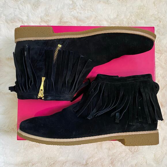 Kate Spade New York Size 9 Betsie Black Fringe Suede Ankle Booties Gold Zipper - Picture 2 of 16